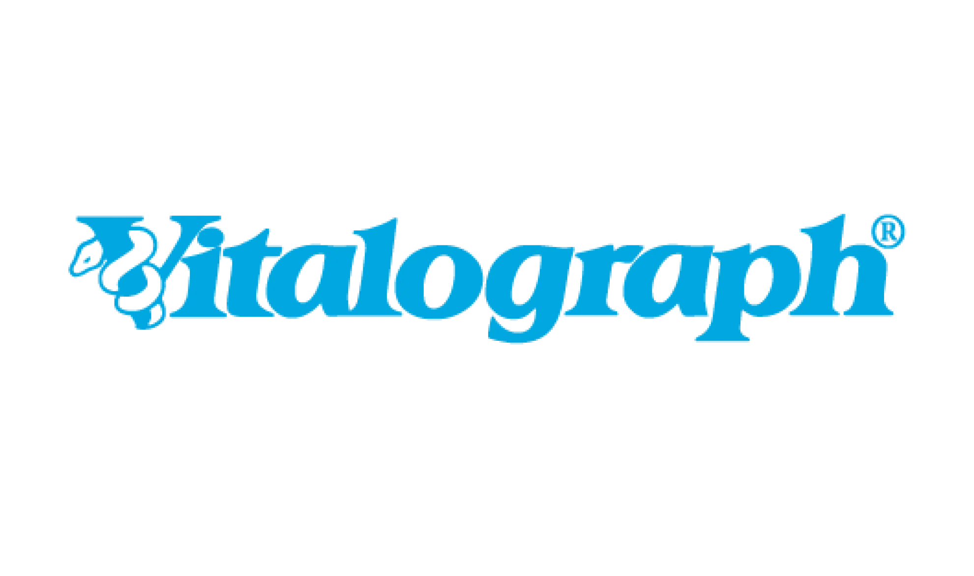 The image shows the word Vitalograph in blue text with a stylized letter V featuring a medical snake and staff design.