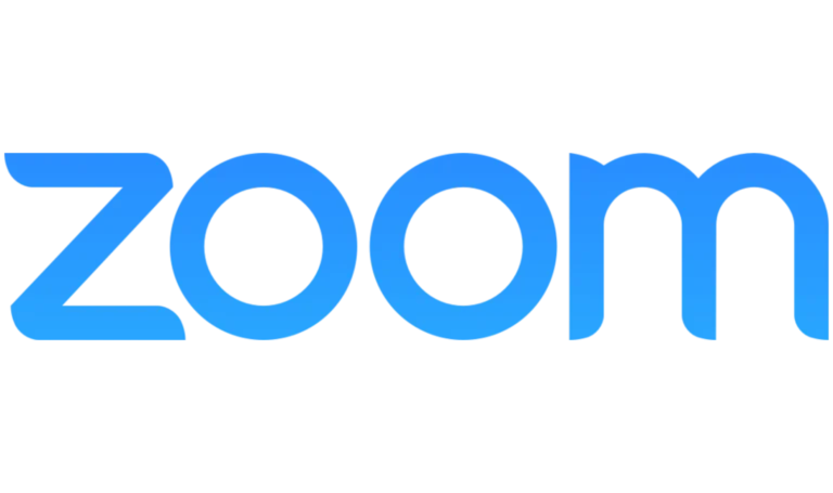 The image shows the Zoom logo with the word zoom in lowercase blue letters on a white background.