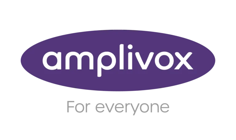 The image shows the word amplivox in white lowercase letters inside a purple oval. Below, the text For everyone appears in light gray on a white background.