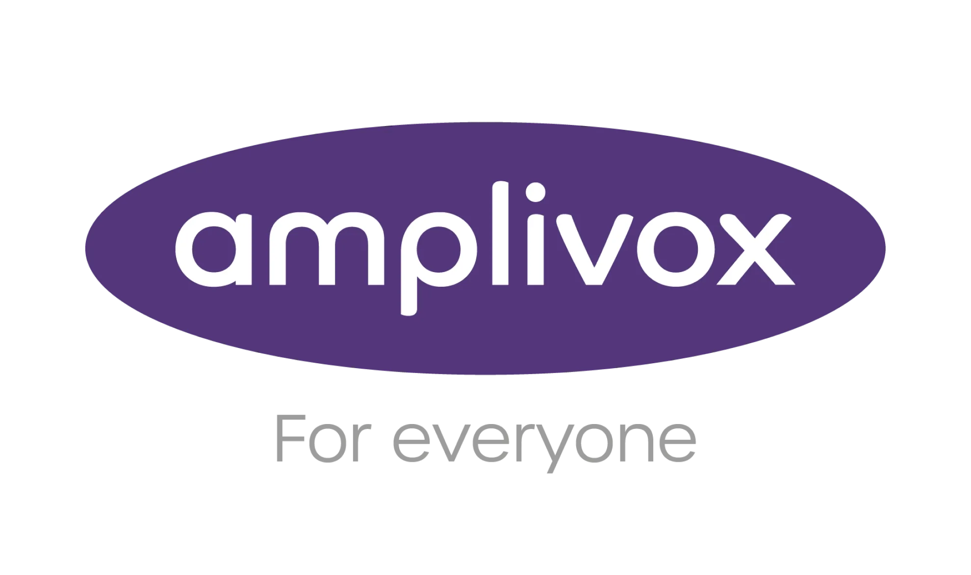 The image shows the word amplivox in white lowercase letters inside a purple oval. Below, the text For everyone appears in light gray on a white background.