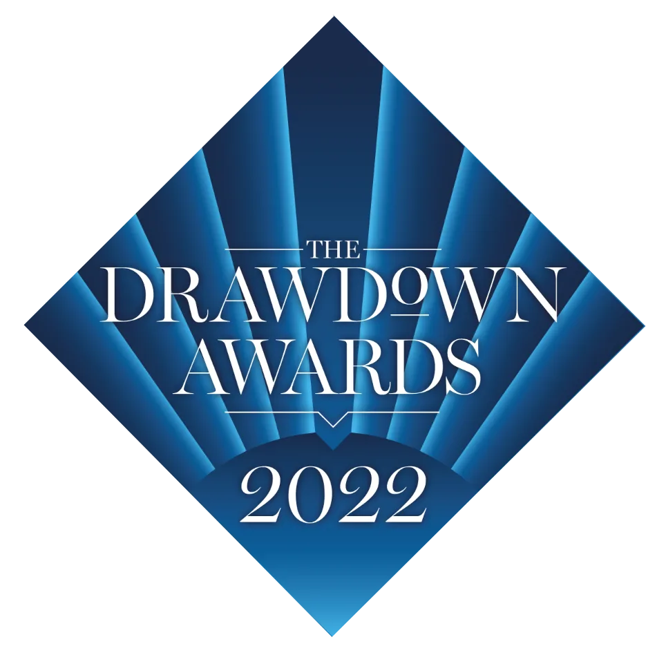 Logo for The Drawdown Awards 2022, featuring white text on a blue diamond-shaped background with radiating light blue beams.