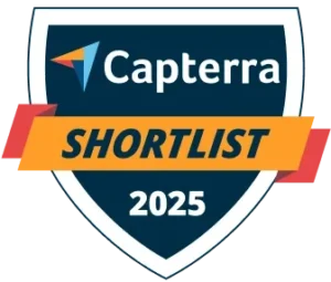 A shield-shaped badge with the Capterra logo and text reading “SHORTLIST 2025” on a yellow and red banner, recognizing top EHS healthcare solutions included in Capterra’s 2025 shortlist.