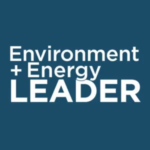 White bold text on a blue background reads Environment + Energy LEADER, with LEADER in larger capital letters at the bottom.