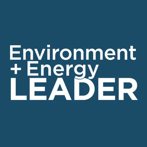 White bold text on a blue background reads Environment + Energy LEADER, with LEADER in larger capital letters at the bottom.