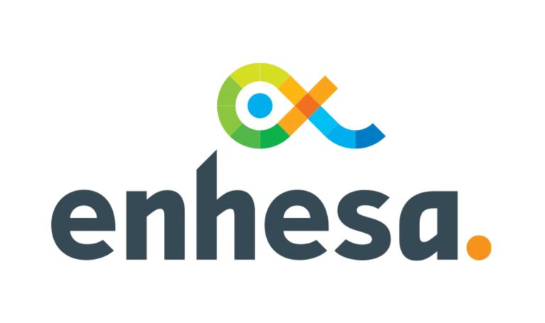 The Enhesa logo features the word enhesa in dark gray lowercase letters with a stylized, multicolored loop above the h and an orange dot after the a on a light background.