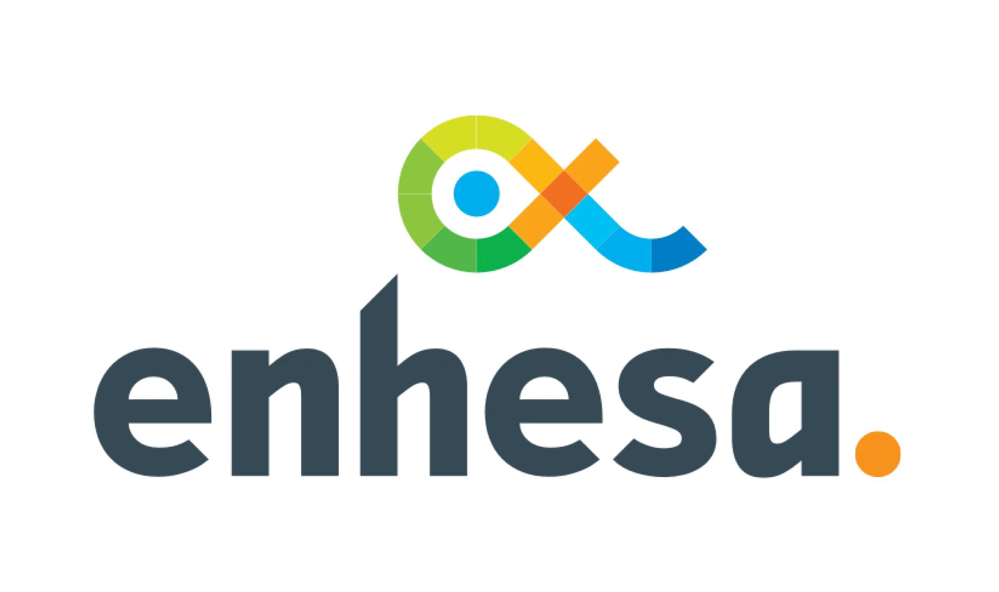 The Enhesa logo features the word enhesa in dark gray lowercase letters with a stylized, multicolored loop above the h and an orange dot after the a on a light background.
