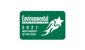 Green badge with white text: Environmental Protection 2021 New Product of the Year, featuring a stylized shooting star graphic on the right side.