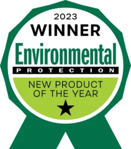 Green and white ribbon badge that reads: 2023 Winner Environmental Protection New Product of the Year with a black star at the bottom.