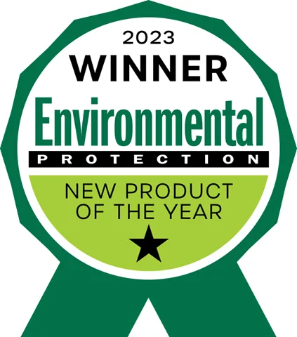 Green and white ribbon badge that reads: 2023 Winner Environmental Protection New Product of the Year with a black star at the bottom.