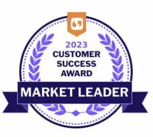 A circular badge with laurel leaves reads 2023 Customer Success Award and Market Leader in bold white letters on a dark blue ribbon. An orange quote icon is at the top center of the badge.