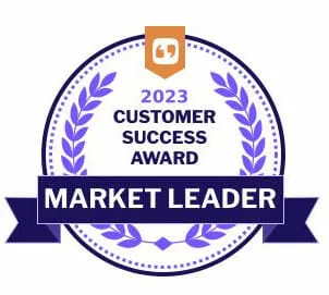 A circular badge with laurel leaves reads 2023 Customer Success Award and Market Leader in bold white letters on a dark blue ribbon. An orange quote icon is at the top center of the badge.
