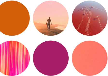 Six circular images in two rows: orange solid color, a person walking on a beach, kayakers on pink water, pink and orange vertical streaks, solid magenta, and solid coral pink—reflecting Cority’s commitment to sustainability.