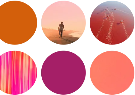 Six circular images in two rows: orange solid color, a person walking on a beach, kayakers on pink water, pink and orange vertical streaks, solid magenta, and solid coral pink—reflecting Cority’s commitment to sustainability.