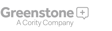 Logo for Greenstone with a plus sign inside a speech bubble, followed by the text "A Cority Company" underneath. The grayscale design highlights the connection between Greenstone and Cority.