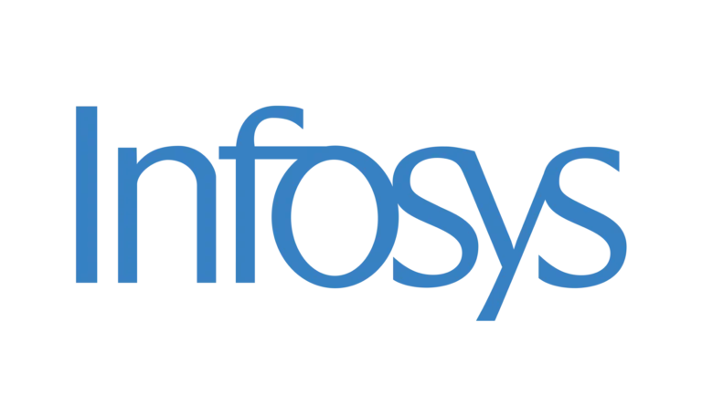 The image shows the Infosys logo, featuring the word Infosys in a modern blue font on a light gray background.