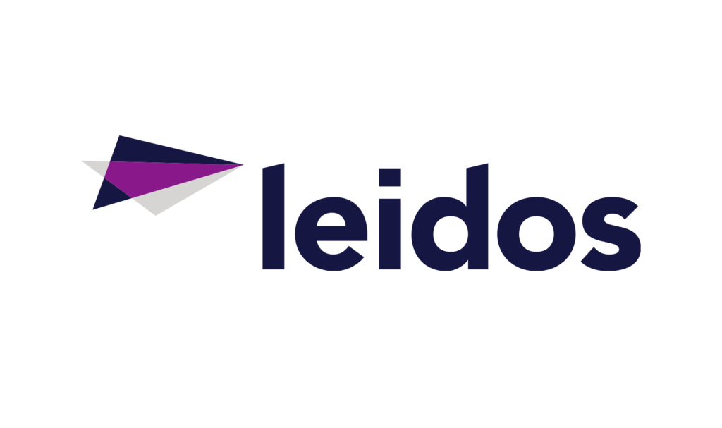 The Leidos logo features a stylized, angular paper airplane design in dark blue, purple, and gray to the left of the word leidos written in lowercase dark blue letters on a light background.