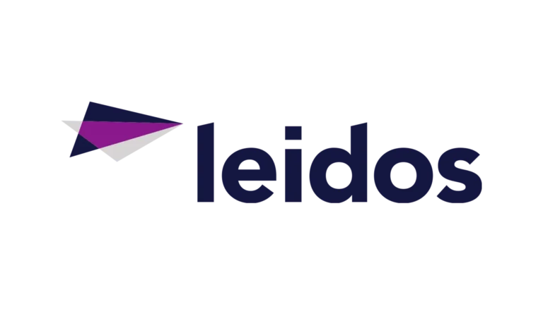 The Leidos logo features a stylized, angular paper airplane design in dark blue, purple, and gray to the left of the word leidos written in lowercase dark blue letters on a light background.