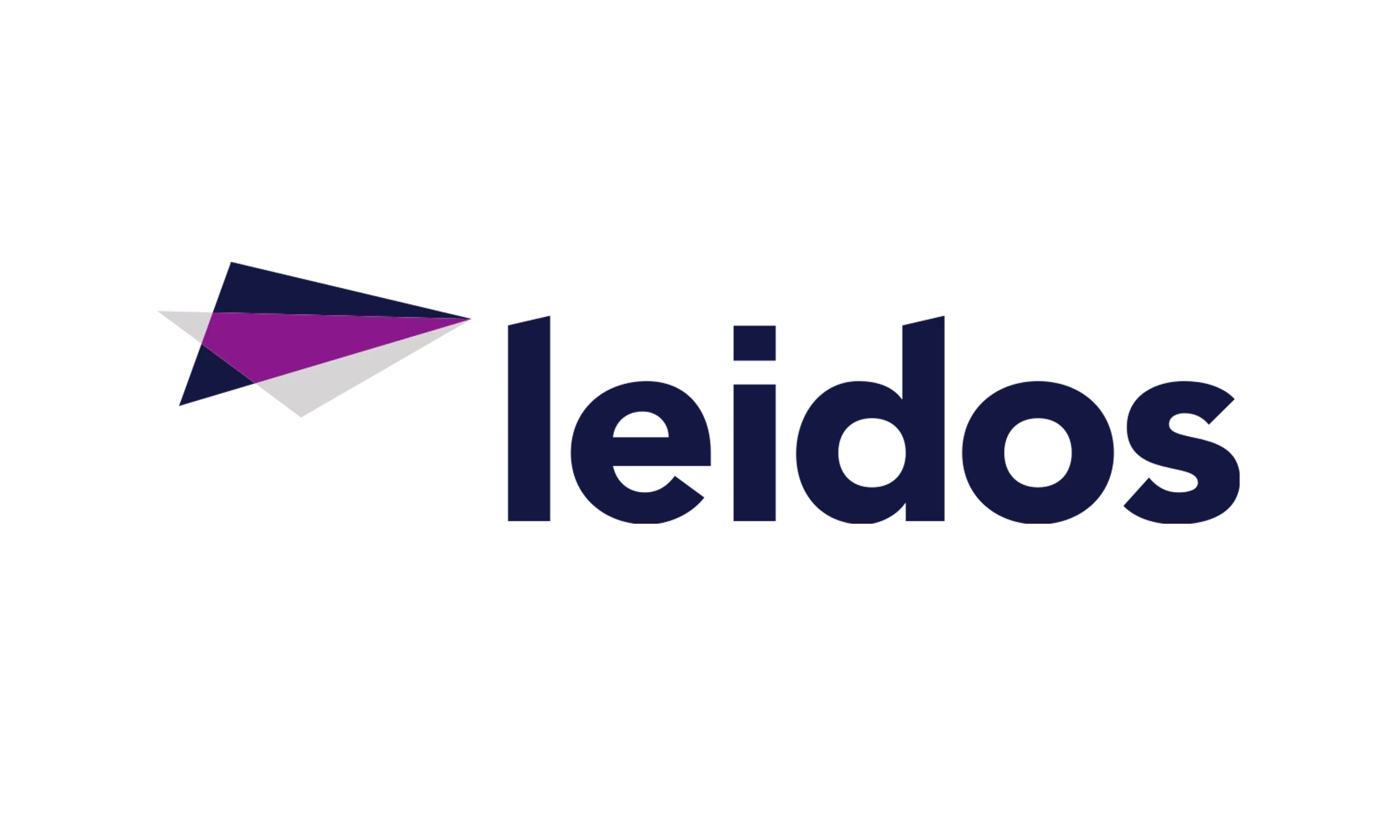 The Leidos logo features a stylized, angular paper airplane design in dark blue, purple, and gray to the left of the word leidos written in lowercase dark blue letters on a light background.