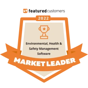 An orange and white badge reads 2022 Market Leader for Environmental, Health & Safety Management Software, awarded by Featured Customers, with a trophy icon at the top.
