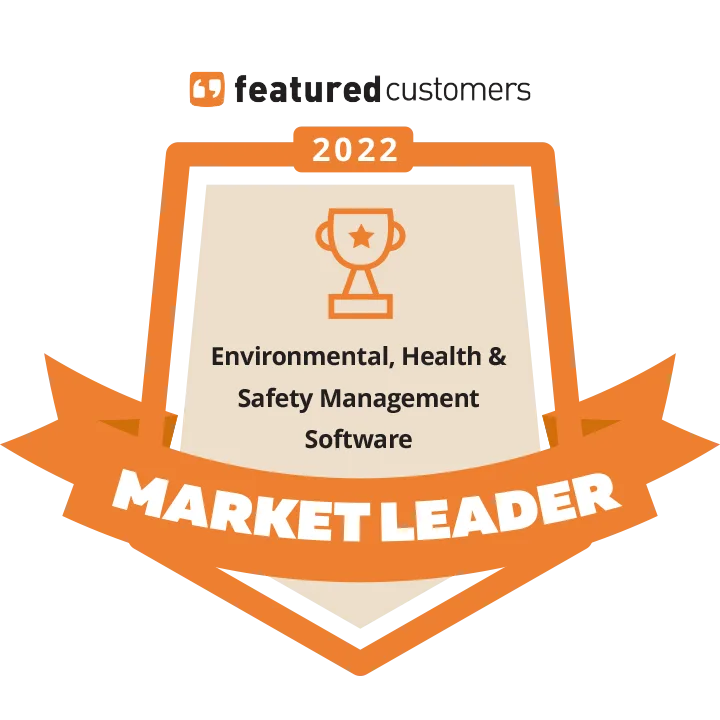 An orange and white badge reads 2022 Market Leader for Environmental, Health & Safety Management Software, awarded by Featured Customers, with a trophy icon at the top.