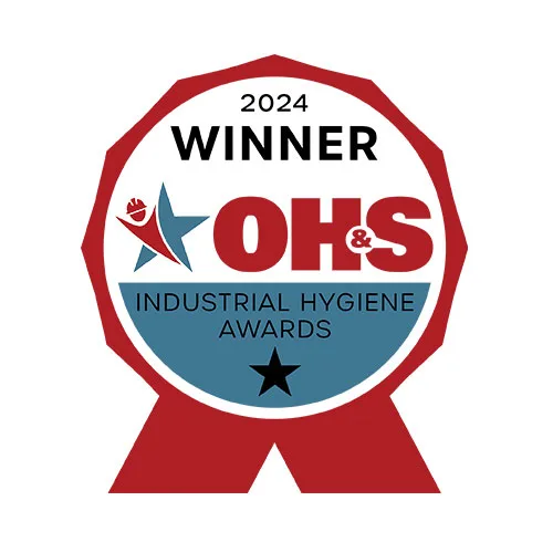 A red and white award badge with the text 2024 Winner OH&S Industrial Hygiene Awards in the center, indicating recognition for industrial hygiene achievements.