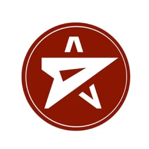 A stylized white star with geometric shapes inside a solid maroon circle, bordered by a thin white ring. The design includes two angular arrow-like shapes above and below the star.