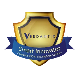 A gold shield with a blue ribbon labeled Smart Innovator Corporate ESG & Sustainability Software and the word Verdantix at the top of the shield.
