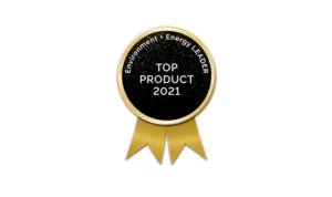 A gold ribbon badge with a black center reads Environment + Energy LEADER TOP PRODUCT 2021 in white text. The badge has two gold tails and a gold border.