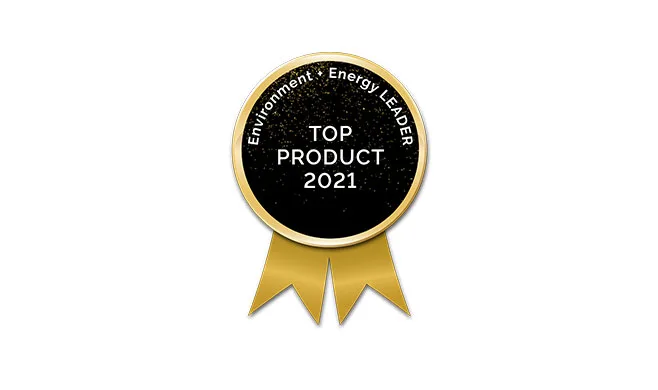 A gold ribbon badge with a black center reads Environment + Energy LEADER TOP PRODUCT 2021 in white text. The badge has two gold tails and a gold border.