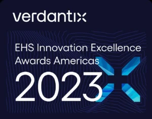 Verdantix EHS Innovation Excellence Awards Americas 2023 logo with geometric blue X design on a dark background featuring subtle contour lines.