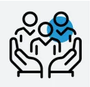 Icon of two open hands holding three simplified human figures, with a blue circle behind one figure, symbolizing care, support, or community—reflecting the spirit of Sustainability at Cority.