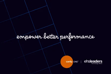Empower better performance on a dark background with gridlines and orange logo circles at the bottom, highlighting AI safety compliance in EHS software.