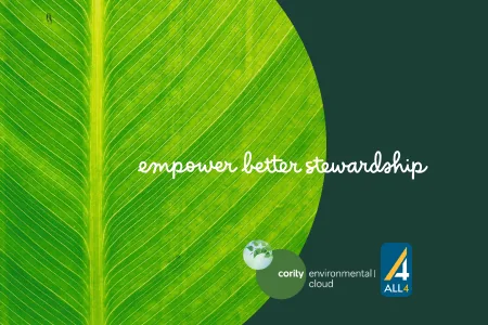 Close-up of a green leaf with the text empower better stewardship, environmental company logos, and a focus on continuous data to support your environmental strategy.