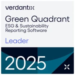 A badge from Verdantix reading Green Quadrant ESG & Sustainability Reporting Software Leader 2025 in blue and black text with a geometric background.
