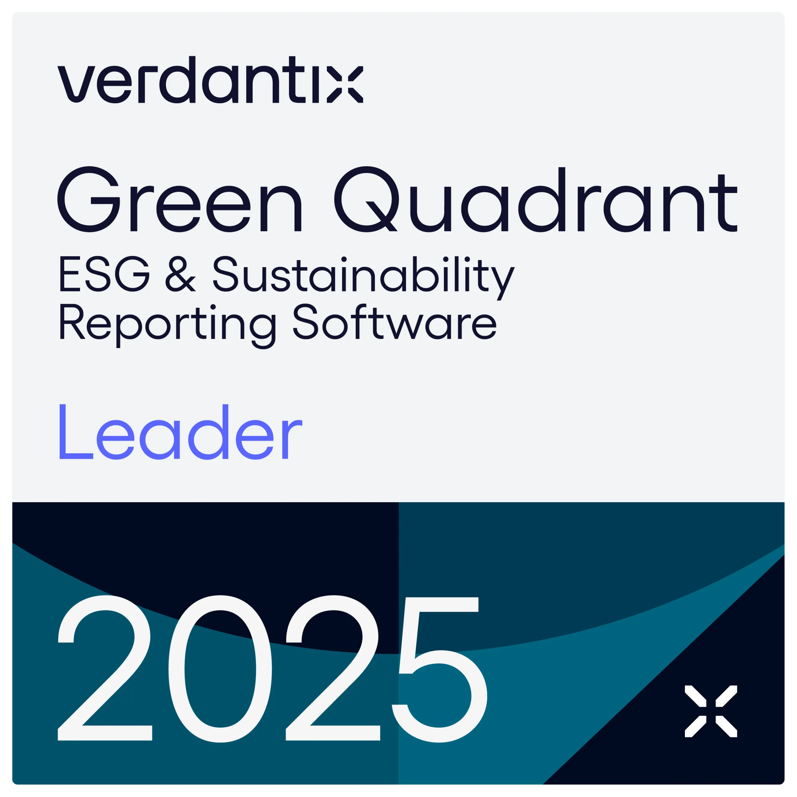 A badge from Verdantix reading Green Quadrant ESG & Sustainability Reporting Software Leader 2025 in blue and black text with a geometric background.