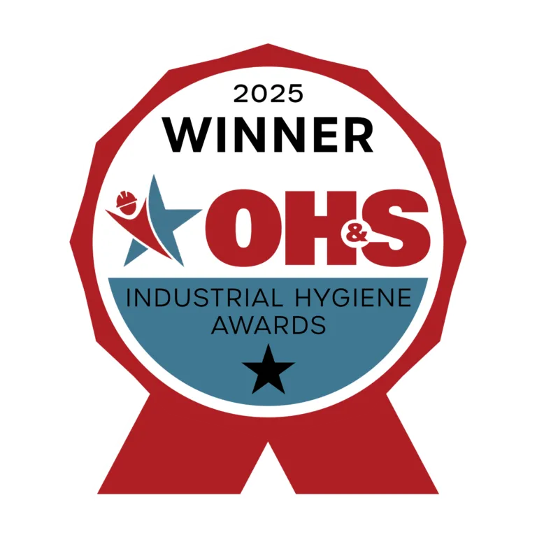 A circular red and blue badge reads 2025 Winner OH&S Industrial Hygiene Awards with a star and ribbon design, highlighting achievement in Industrial Ergonomics.