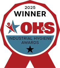 A circular red and blue badge reads 2025 Winner OH&S Industrial Hygiene Awards with a star and ribbon design, highlighting achievement in Industrial Ergonomics.