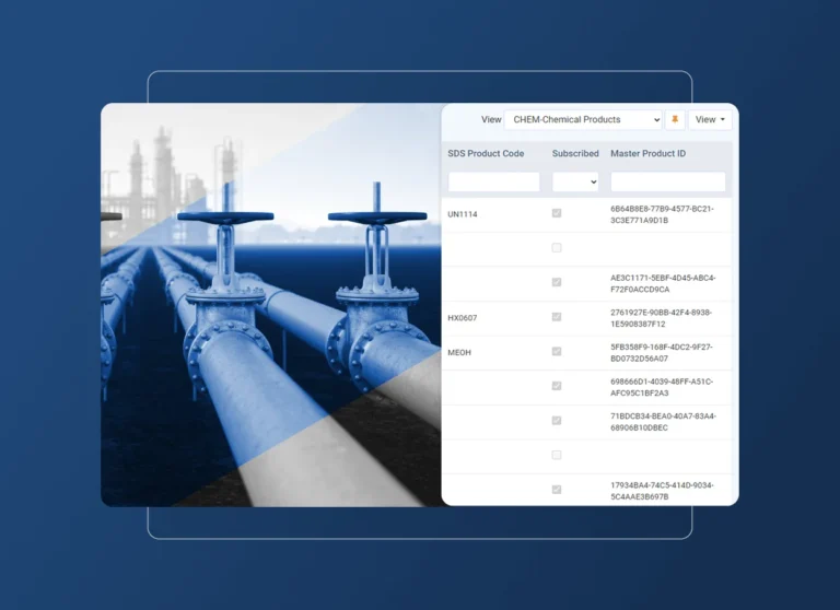 A digital screen displays an industrial pipeline scene on the left and a chemical products data table with codes and IDs—relevant for the Aerospace Industry—on the right, against a blue background.