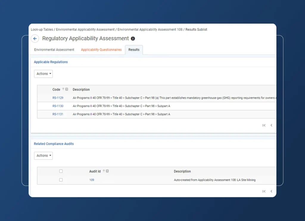 A Regulatory Applicability Assessment webpage designed for the aerospace industry displays tabs for Environmental Assessment, Applicability Questionnaires, and Results, with regulations and compliance audits neatly organized in accordion sections.