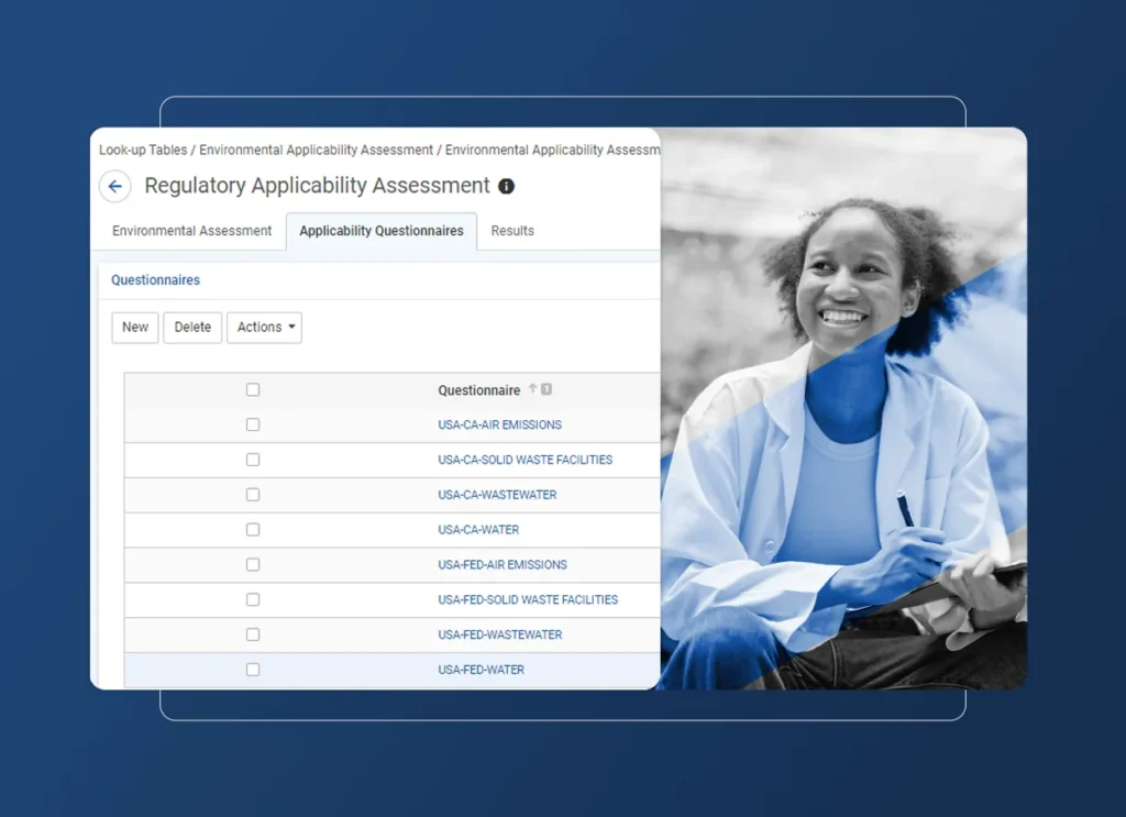 A computer screen displays a regulatory assessment checklist with questionnaire options and an Accordion Section. Overlaid is a grayscale photo of a smiling woman in a lab coat, sitting outdoors, looking to the side—perfect for the aerospace industry setting.