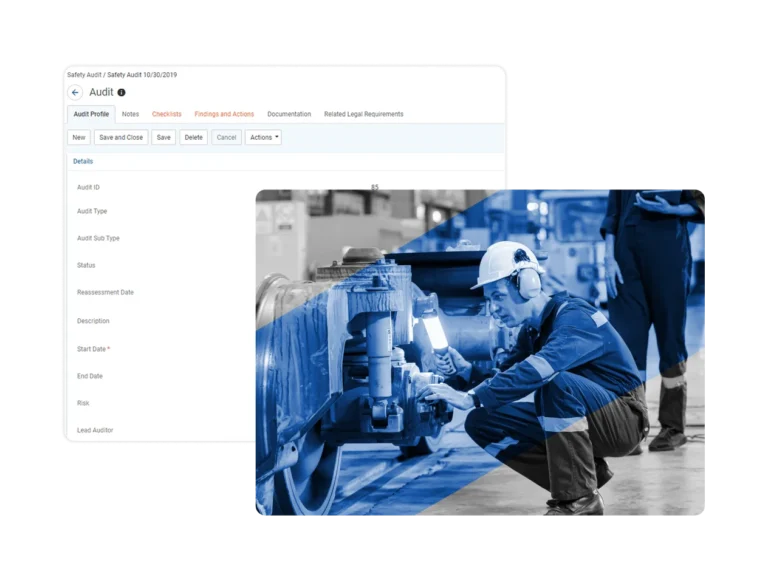A screenshot of EHS Audit Software overlaps with a photo of a worker in safety gear inspecting train wheels in an industrial setting, highlighting efficient audit checklist management on site.