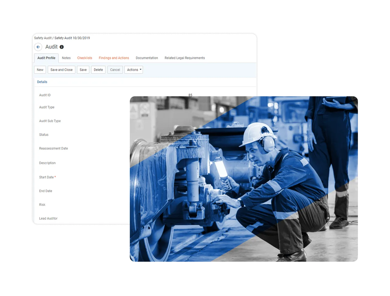 A screenshot of EHS Audit Software overlaps with a photo of a worker in safety gear inspecting train wheels in an industrial setting, highlighting efficient audit checklist management on site.