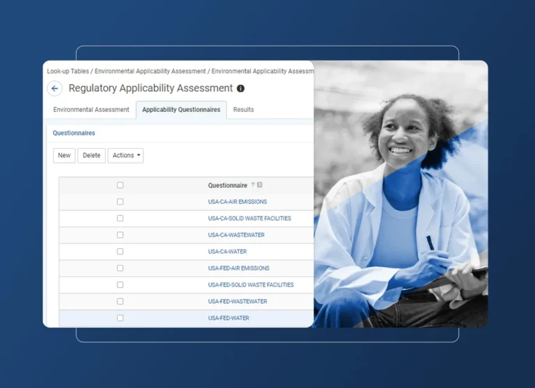 A computer screen displays a Regulatory Applicability Assessment interface with Accordion Section menus listing questionnaires. Overlapping is a black-and-white photo of a smiling person in a lab coat, sitting outdoors, hinting at work in the automotive industry.