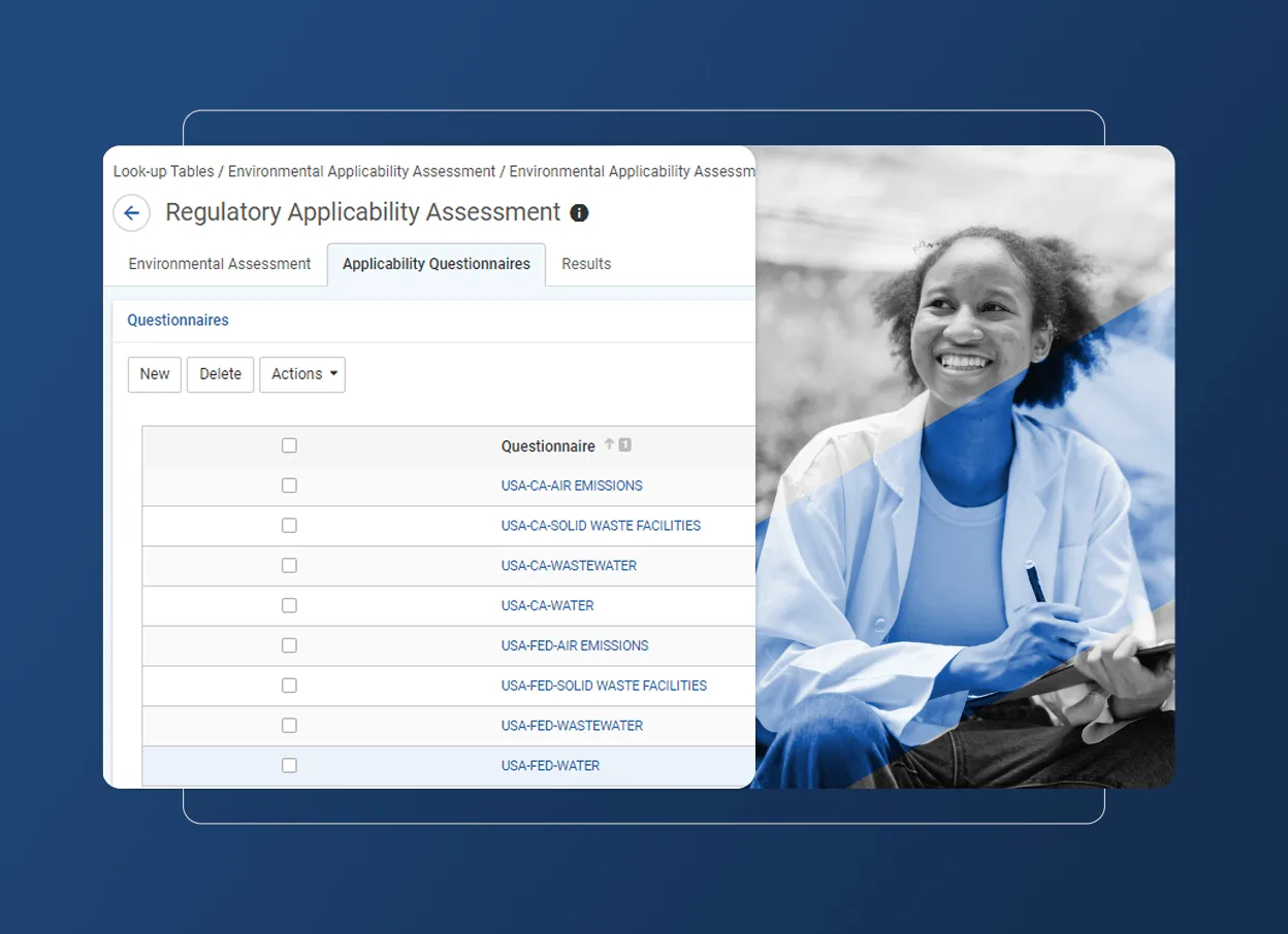 A computer screen displays a Regulatory Applicability Assessment interface with Accordion Section menus listing questionnaires. Overlapping is a black-and-white photo of a smiling person in a lab coat, sitting outdoors, hinting at work in the automotive industry.