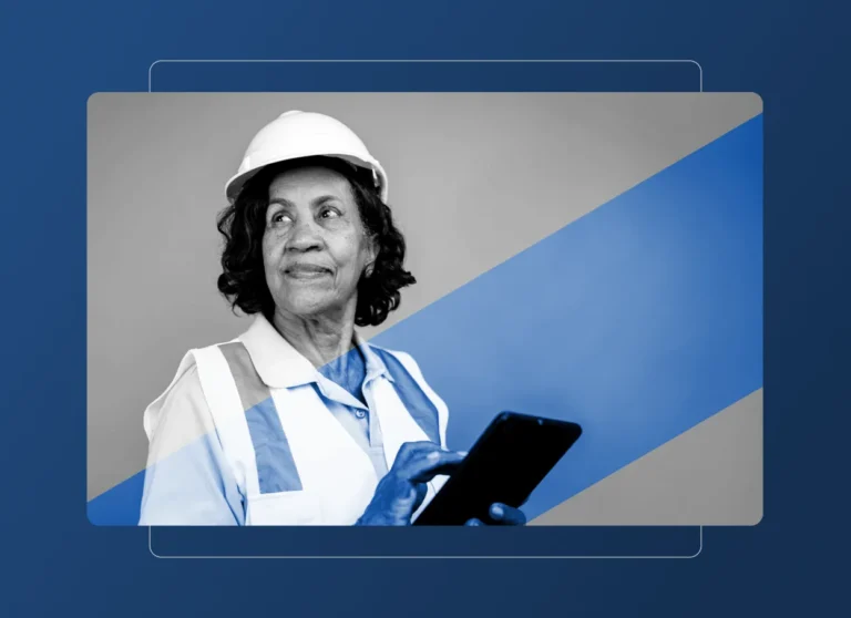 A woman wearing a hard hat and reflective vest holds a tablet, looking to the side, set against a blue and gray background with geometric shapes, representing innovation in the automotive industry.