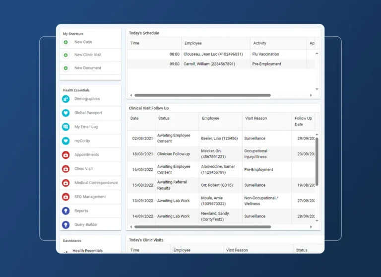 A dashboard displays shortcuts, health essentials, and an accordion section of query options on the left, with schedules, clinical visit follow-ups, and today’s clinic visits listed on the right in tables against a dark blue background.