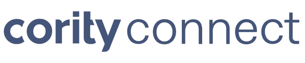 The image shows the text cority connect in lowercase letters, with cority in bold blue font and connect in a lighter blue font on a light gray background, resembling a header or Super Nav element.