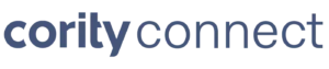 The image shows the text cority connect in lowercase letters, with cority in bold blue font and connect in a lighter blue font on a light gray background, resembling a header or Super Nav element.