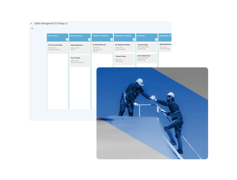 A digital dashboard displays a safety management workflow, overlaid with an image of two construction workers in safety gear, one helping the other climb a structure—showcasing seamless integration with management of change software.