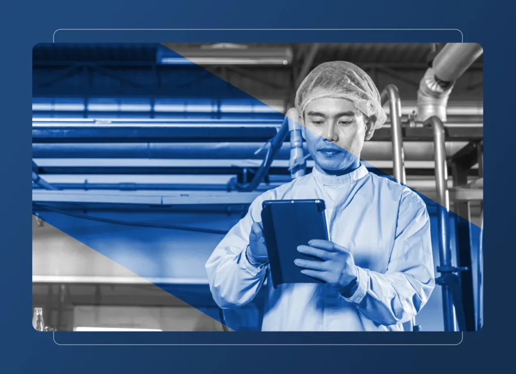 A person in protective clothing and a hair net stands in an industrial Chemical Industry setting, looking at a tablet. The image features a blue color overlay and abstract shapes in the background.